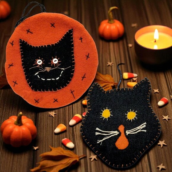 Primitive Scaredy Cat Felt Ornaments Halloween Vintage Handcrafted Black Cat Set - Picture 1 of 8